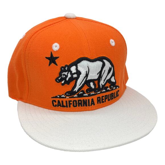 Orange White California Republic Cali Bear Flag Flat Bill Snapback Cap Hat - Picture 2 of 4